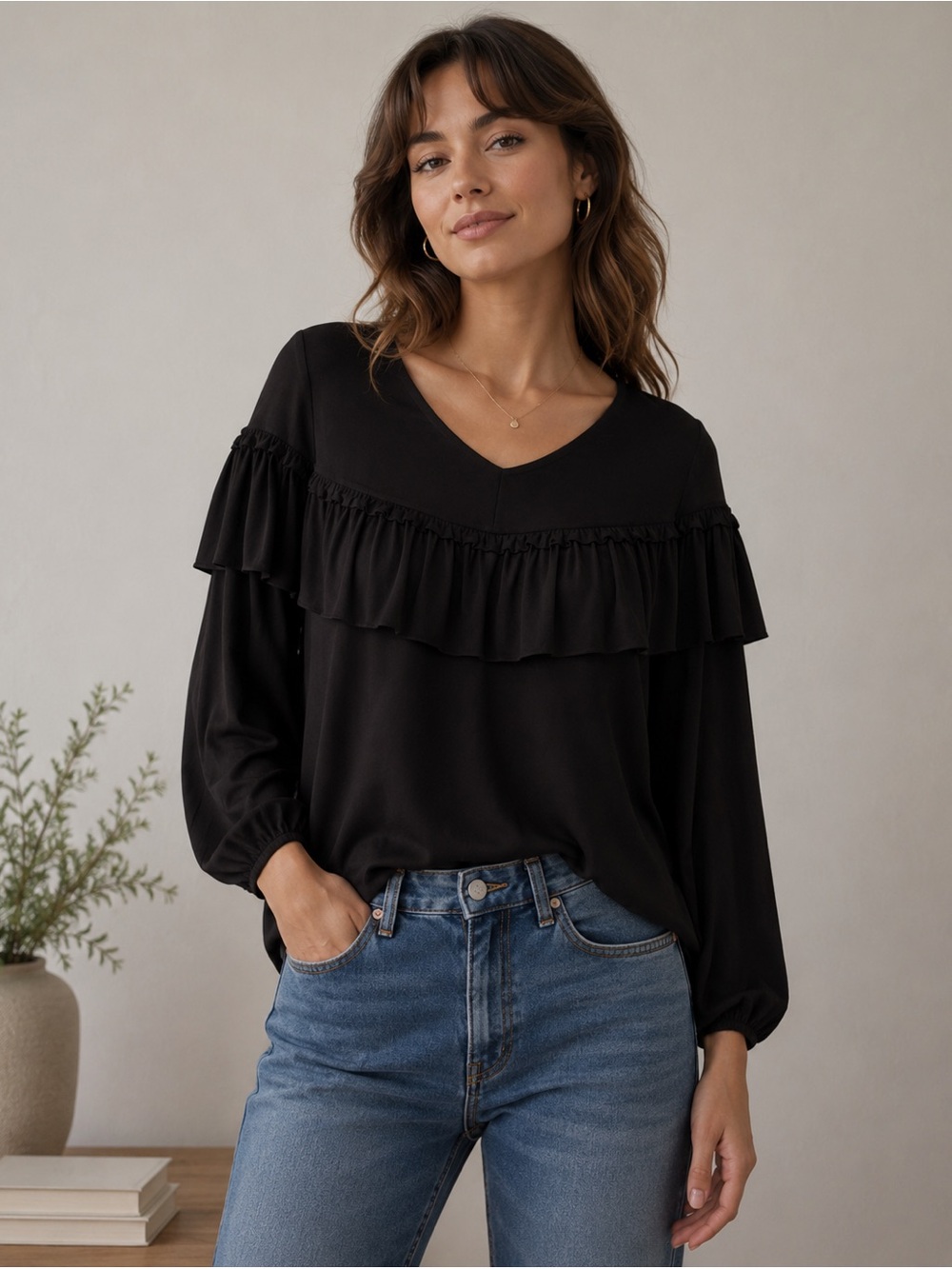 Long Sleeve Black Ruffled Peasant Poet Blouse -Women’s XS